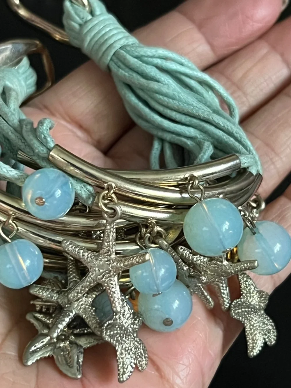 Coastal Beach Multi-Strand Tube Wrap Bracelet Starfish & Blue Beads